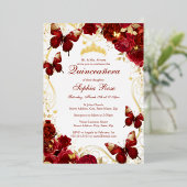ヴィンテージバタフライフローラレッド金ゴールドキンセアニェラ 箔招待状 (立ち正面)