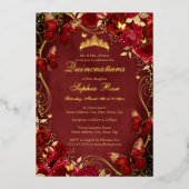 ヴィンテージバタフライフローラ王室のレッドキンセアニェラ 箔招待状 (正面)