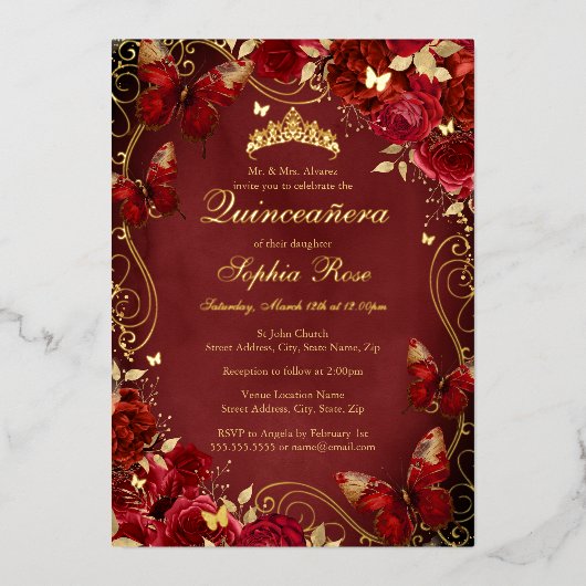 ヴィンテージバタフライフローラ王室のレッドキンセアニェラ 箔招待状 (正面)
