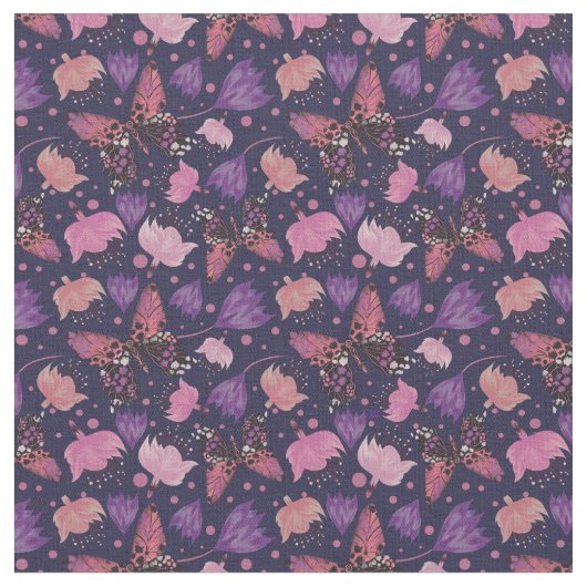 ヴィンテージバタフライブルー花柄 ファブリック (クローズアップ)