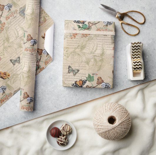 ヴィンテージバタフライボタニカルエフェラ ラッピングペーパー (クラフト)