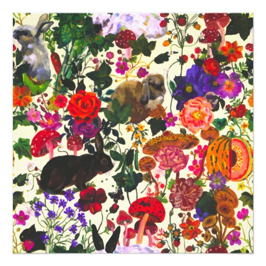 ヴィンテージバタフライラビットガーデンフローラ水彩 フォトプリント            (正面)