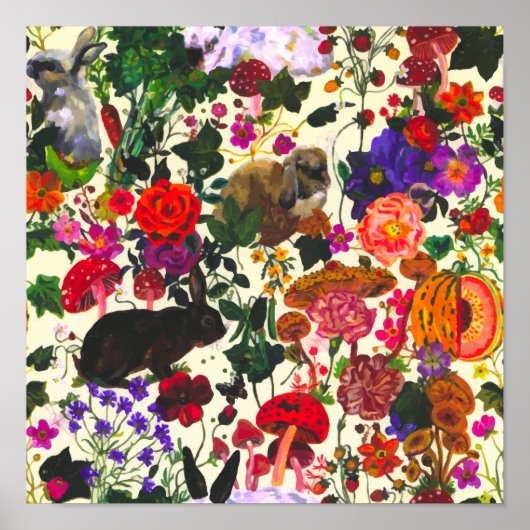 ヴィンテージバタフライラビットガーデンフローラ水彩 ポスター (正面)