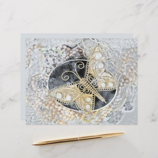 ヴィンテージバタフライロマンチック金ゴールドホワイトブラックアート (正面/裏面インサイチュ)