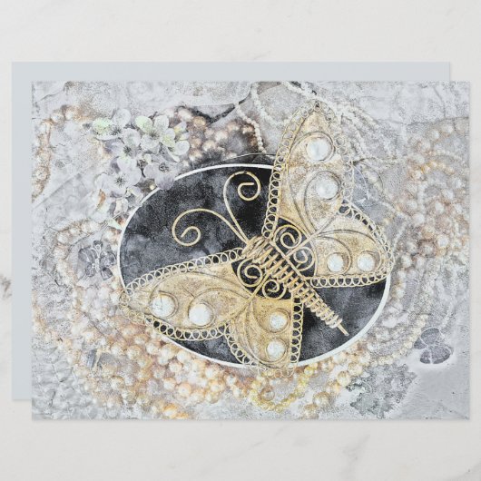 ヴィンテージバタフライロマンチック金ゴールドホワイトブラックアート (正面/裏面)