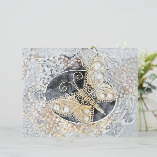 ヴィンテージバタフライロマンチック金ゴールドホワイトブラックアート (スタンド正面)