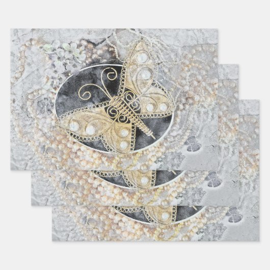 ヴィンテージバタフライロマンチック金ゴールドホワイトブラックアート ラッピングペーパーシート (セット)