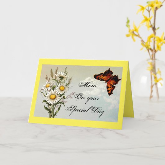 ヴィンテージバタフライ及びフラワー誕生日 カード (黄色い花)