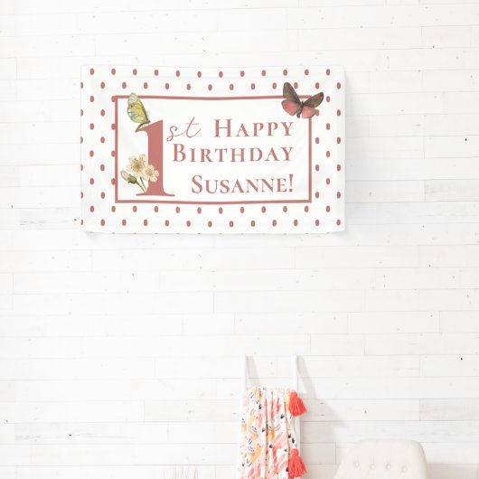 ヴィンテージバタフライ名前をカスタムする1stバースデーガールバ 横断幕 (インサイチュ)