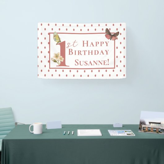 ヴィンテージバタフライ名前をカスタムする1stバースデーガールバ 横断幕 (トレードショー)