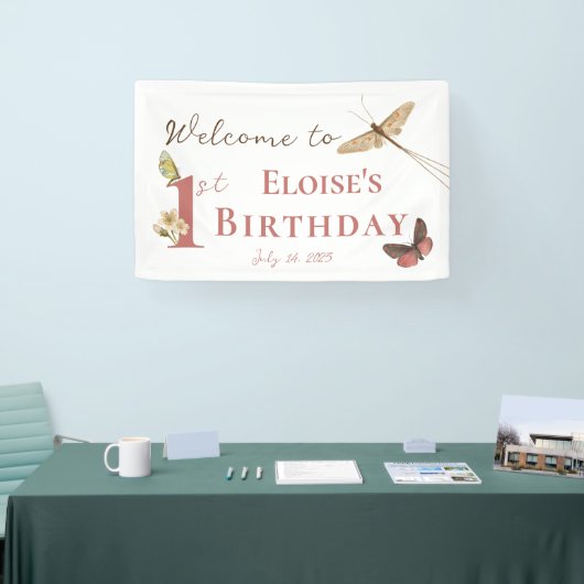 ヴィンテージバタフライ名前をカスタムする1stバースデーガール 横断幕 (トレードショー)