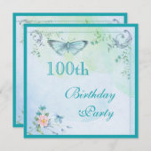 ヴィンテージバタフライ、フラワーズ&スワール100誕生日 招待状 (正面/裏面)