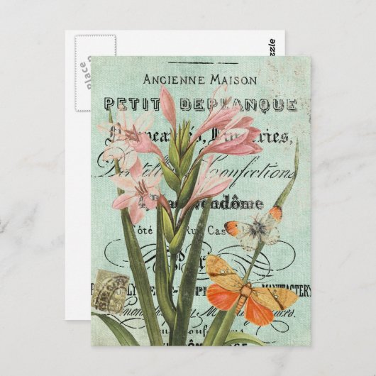 ヴィンテージバターフィーとリリー葉書 ポストカード (正面/裏面)