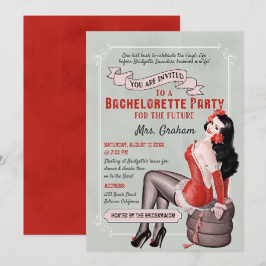 ヴィンテージバチェロレッテレトロピンアップガールティール（緑がかった色）赤 招待状 (正面/裏面)