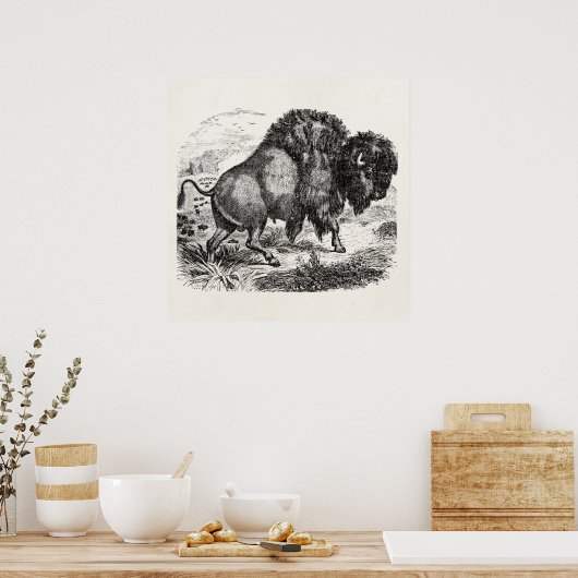 ヴィンテージバッファローレトロバイソンアニマルイラストレーション ポスター (キッチン)
