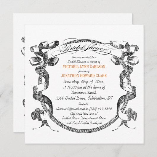 ヴィンテージバナーフローリッシュスクリプトブライダルシャワー 招待状 (正面/裏面)