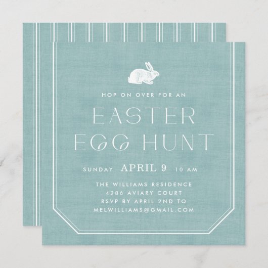 ヴィンテージバニーイースターエッグ狩り招待状-ティール（緑がかった色） 招待状 (正面/裏面)