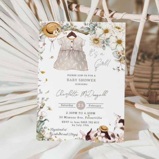 ヴィンテージバニーウサギアイボリーフローラベビーシャワー 招待状