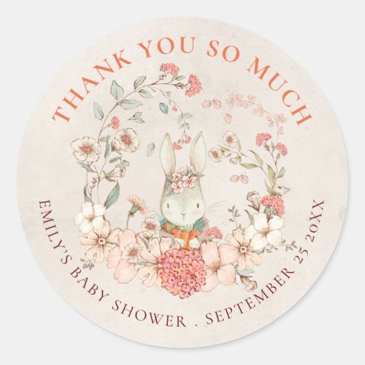 ヴィンテージバニーサンキューアンティークホワイトベビーシャワー ラウンドシール (正面)