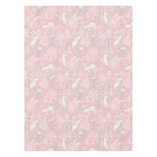 ヴィンテージバニーバタフライフラワーパステルピンクイースター テーブルクロス (正面)
