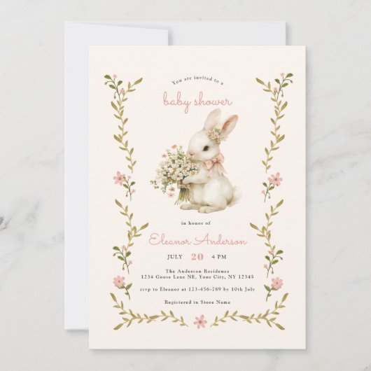 ヴィンテージバニーピンクの赤ちゃんシャワー 招待状 (正面)
