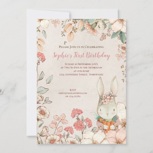 ヴィンテージバニーフローラ1stバースデーガール招待状 招待状 (正面)