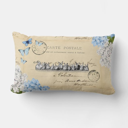 ヴィンテージバニーブルーフローラパリポスト装飾用クッション ランバークッション (正面)
