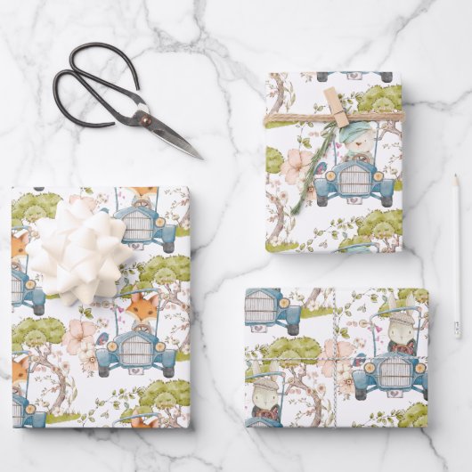 ヴィンテージバニーベアキツネ車の紅葉ボーイ ラッピングペーパーシート (正面)