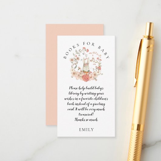 ヴィンテージバニー花模様の赤ちゃんシャワー用ブック エンクロージャーカード (正面/裏面インサイチュ)