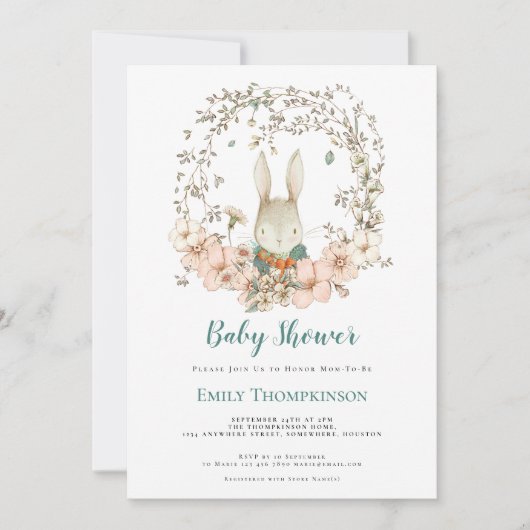 ヴィンテージバニー葉アヒル卵の青い赤ちゃんシャワー 招待状 (正面)