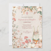 ヴィンテージバプテスキュートバニー写真花模様ベビーガール 招待状 (正面)