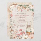 ヴィンテージバプテスキュートバニー写真花模様ベビーガール 招待状 (正面/裏面)