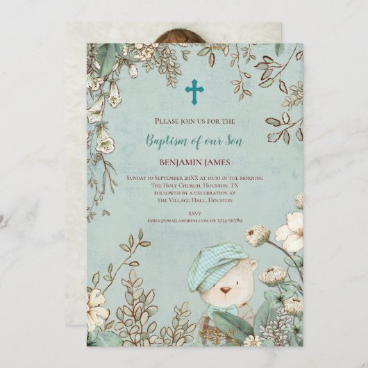 ヴィンテージバプテスキュートベアフォト葉男の赤ちゃん 招待状 (正面/裏面)