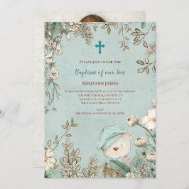 ヴィンテージバプテスキュートベアフォト葉男の赤ちゃん 招待状