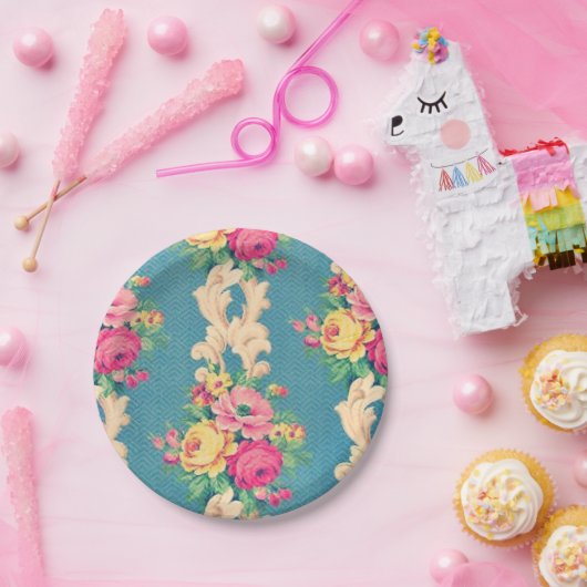 ヴィンテージバラおよびスクロール生地の紙皿 ペーパープレート (パーティー)