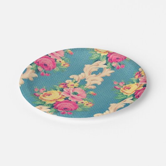 ヴィンテージバラおよびスクロール生地の紙皿 ペーパープレート (アングル)