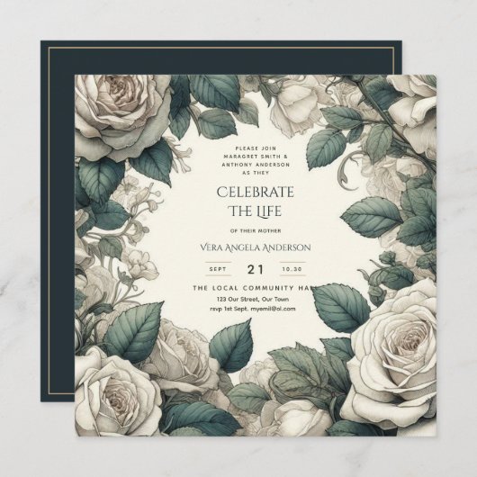 ヴィンテージバラお祝い生涯記念詩 招待状 (正面/裏面)