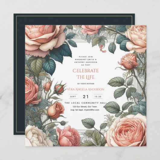 ヴィンテージバラお祝い生涯記念詩 招待状 (正面/裏面)