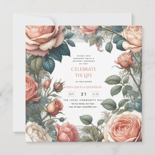 ヴィンテージバラお祝い生涯記念詩 招待状 (正面)