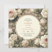 ヴィンテージバラお祝い生涯記念詩 招待状 (正面)