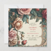 ヴィンテージバラお祝い生涯記念詩 招待状 (正面)
