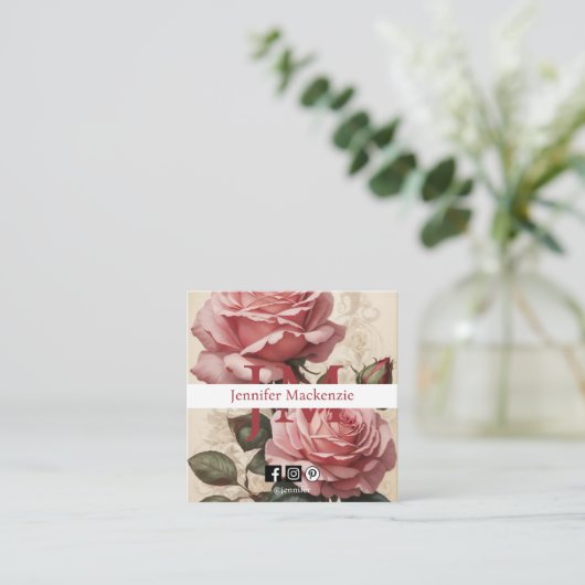 ヴィンテージバラかわいらしピンク スクエア名刺 (スタンド正面)