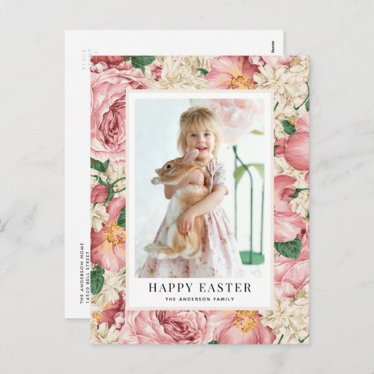ヴィンテージバラとアジサイの写真ハッピーイースター シーズンポストカード (正面/裏面)