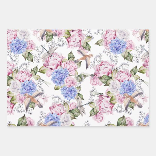 ヴィンテージバラとアジサイ花自然 ラッピングペーパーシート (正面)