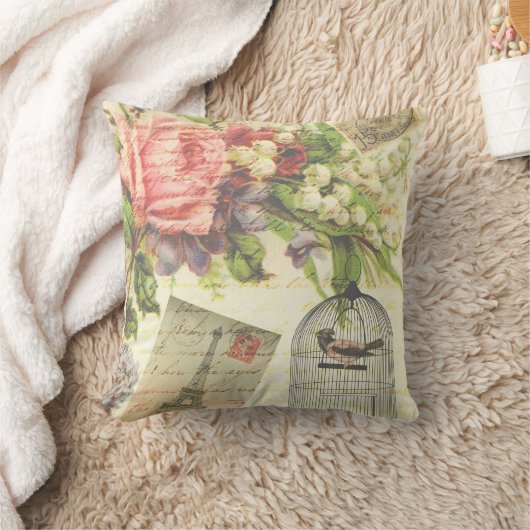 ヴィンテージバラとケージドバード クッション (ブランケット)