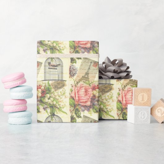 ヴィンテージバラとケージドバード ラッピングペーパー (ベビーシャワー)