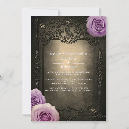 ヴィンテージバラとゴシック体の婚約パーティ 招待状 (正面)