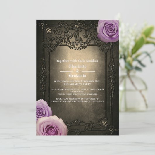 ヴィンテージバラとゴシック体の婚約パーティ 招待状 (スタンド正面)