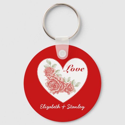 ヴィンテージバラとハートバレンタインの愛キーチェーン キーホルダー (正面)