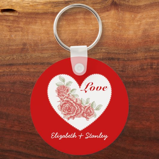ヴィンテージバラとハートバレンタインの愛キーチェーン キーホルダー (正面)